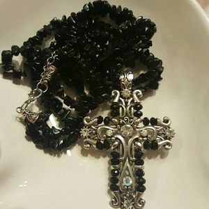 Chunky, black bead and rhinestone necklace