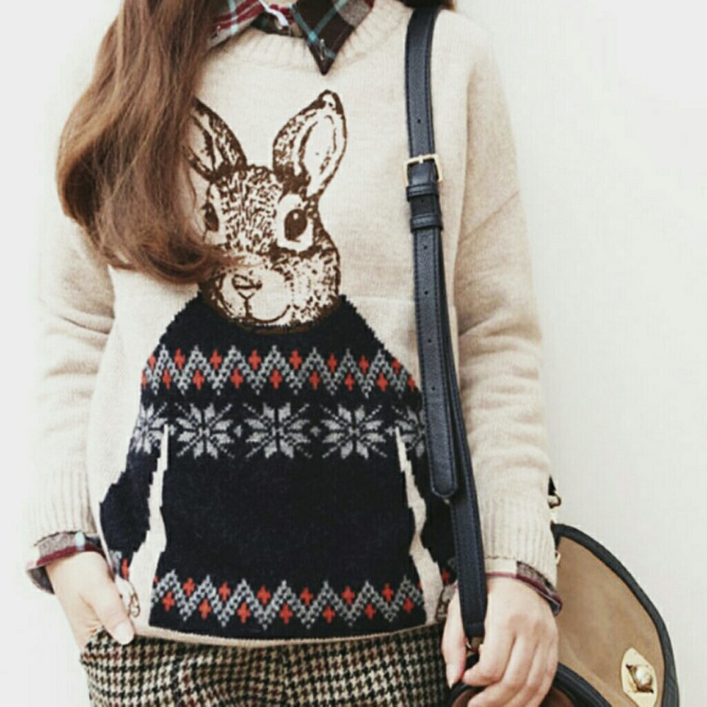Retro Cartoon Rabbit Loose Sweater, Pullover