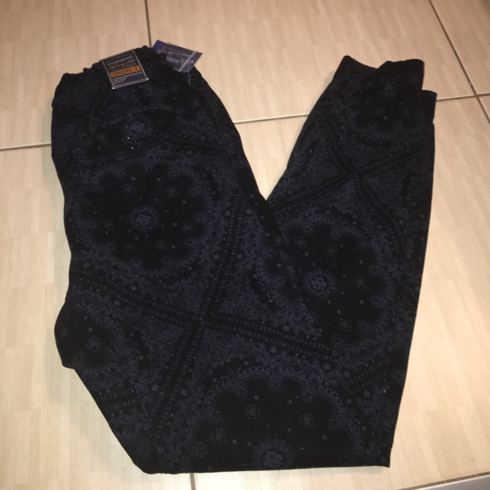 Black and blue joggers with tie up at waist