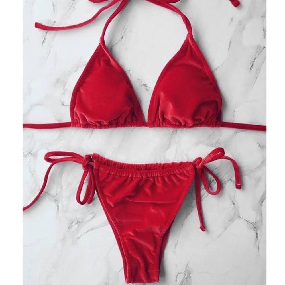 Red or Beige Velvet Brazilian Bikini