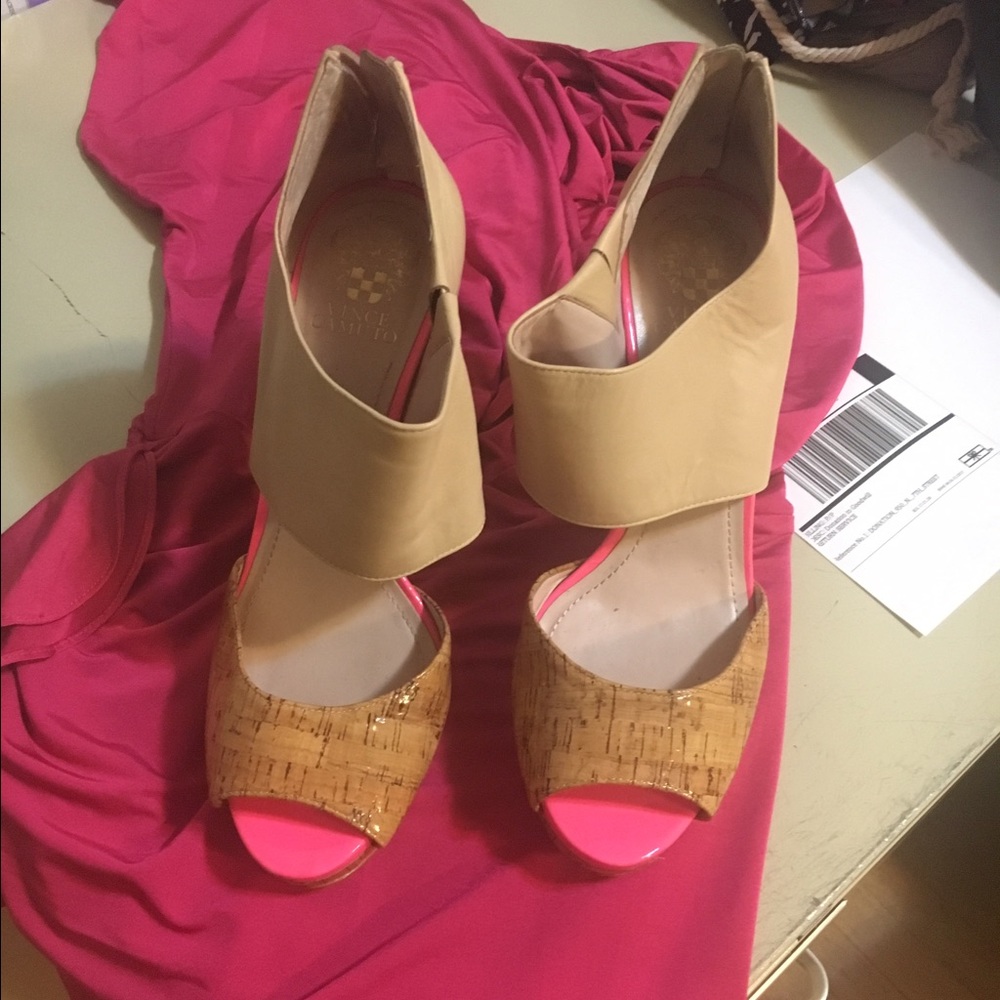 Vince Camuto Nude and Cork Heeled Booties