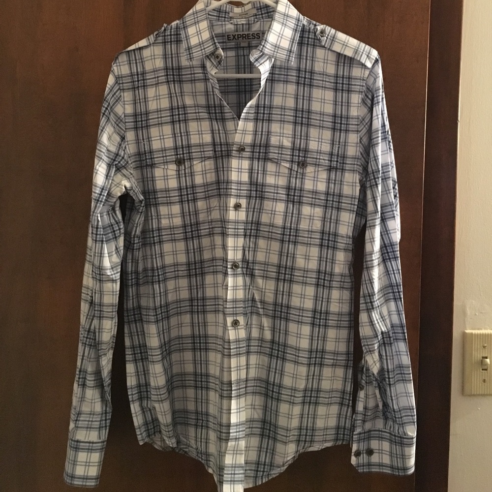 Express white and blue plaid button down