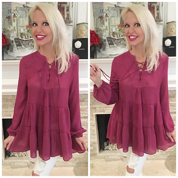 Raspberry tie front ruffle crochet tunic- REORDER - Picture 3 of 4