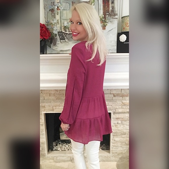 Raspberry tie front ruffle crochet tunic- REORDER - Picture 4 of 4