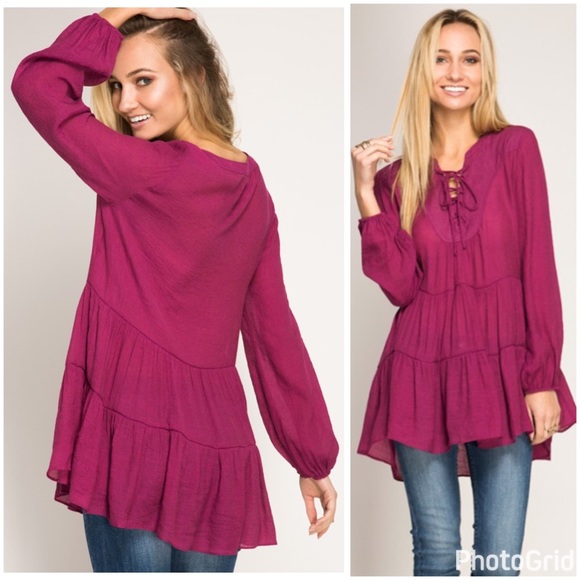 Raspberry tie front ruffle crochet tunic- REORDER - Picture 2 of 4