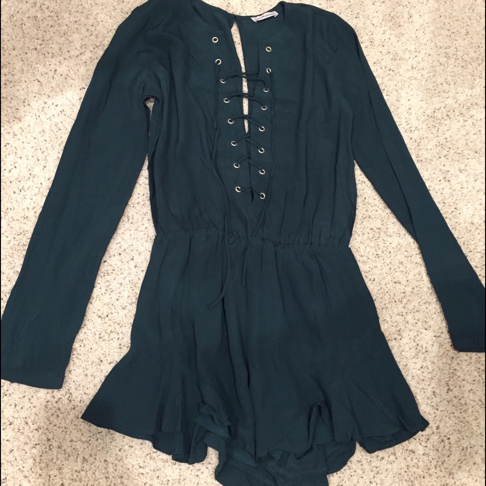 Hunter green lace up romper