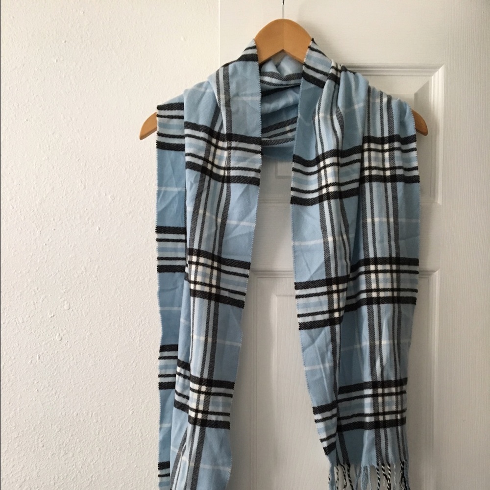 Blue, black and white 100% cashmere scarf.