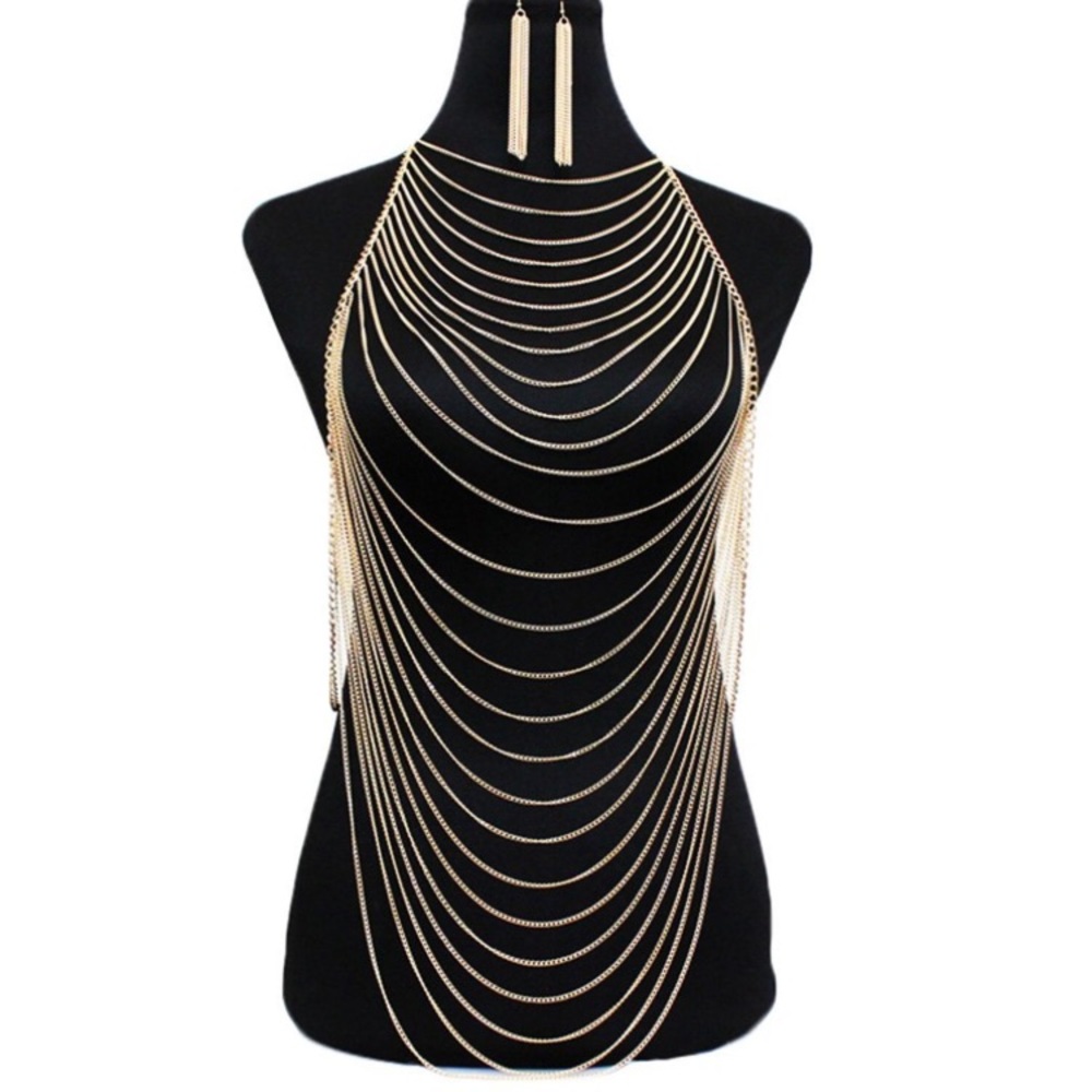 NWOT Sexy Unique Gold Body Chain Harness Necklace