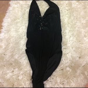 Black halter body suit