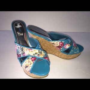 Bamboo Floral Fabric Cork Platform Shoes Size 7