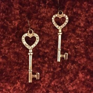 Gold Heart Antique Key Earrings
