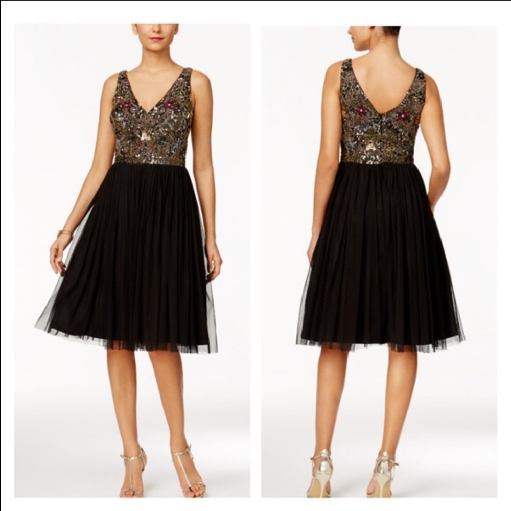 Adrianna Papell Embellished Tulle A Line Dress