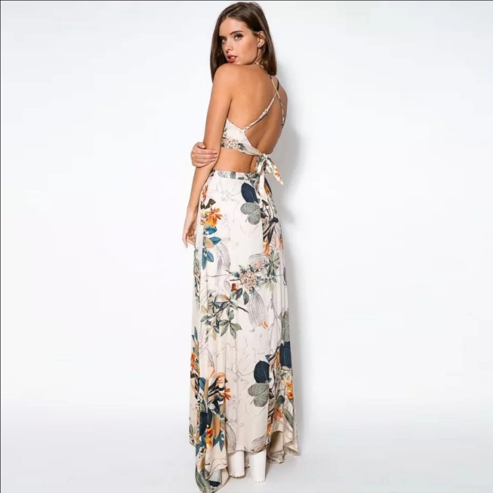 Maxi Sexy Cross Backless Floral Dress - Picture 2 of 5