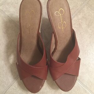 Jessica Simpson; Leather Straw Wedge Sandal