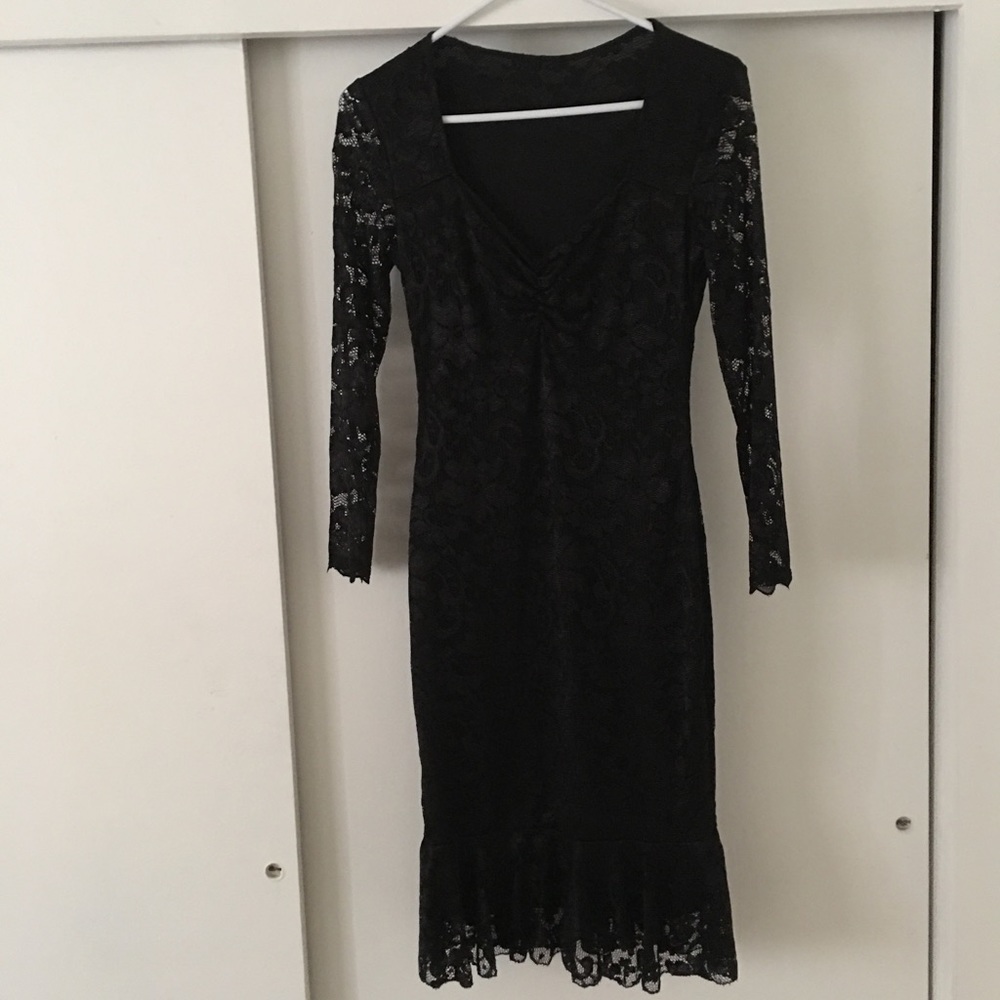 Black lace heart shaped midi dress with peplum hem
