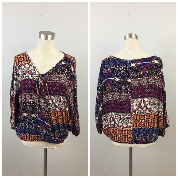 Deb Tops - Deb Boho Open Wrap Front Boho Print Dolman Sleeve