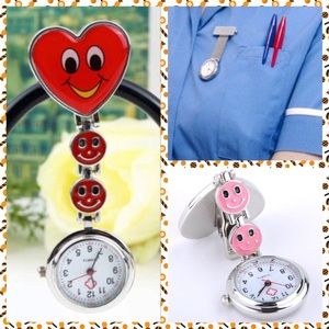 😊💖RED HEART FACE NURSE POCKET CLIPON WATCH CUTE FACE SMILING AT EVERYONE. NEW