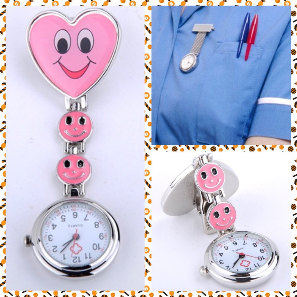 🤒💖 CUTEST NURSE POCKET CLIP-ON WATCH PINK SMILEY FACE SMILING AT EVERYONE. NEW