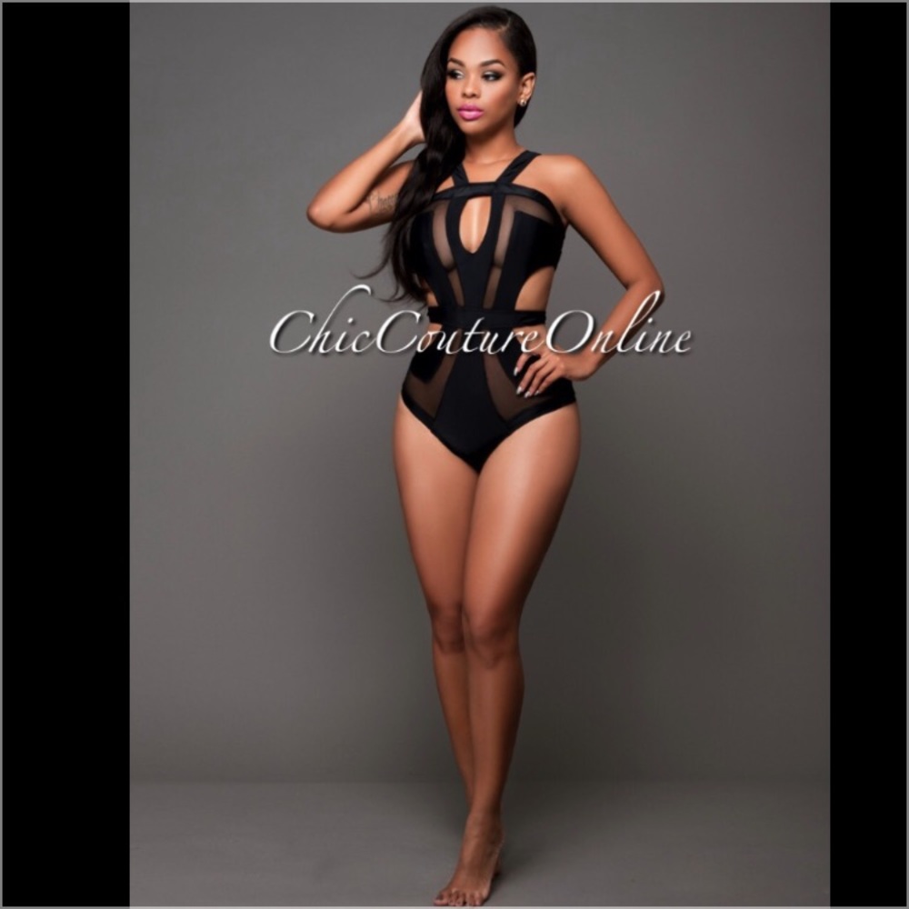 Black mesh one piece swimsuit