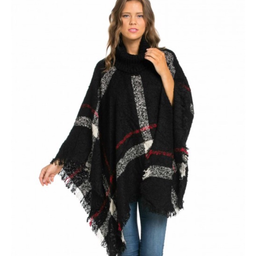 Black and red plaid poncho