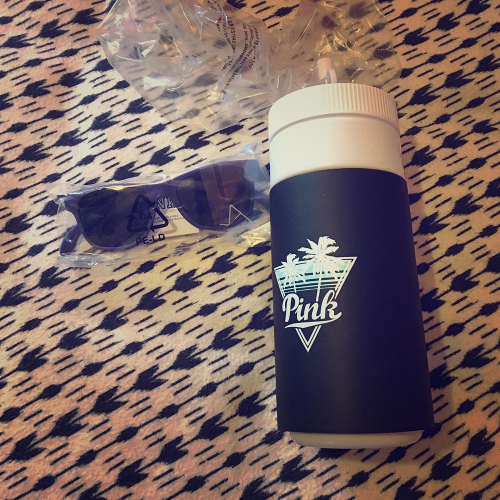 Vs pink purple sunglasses and black water bottle