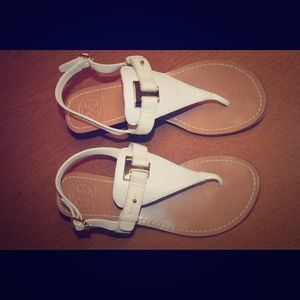 Tory Burch white leather T strap wedge sandal 7.5