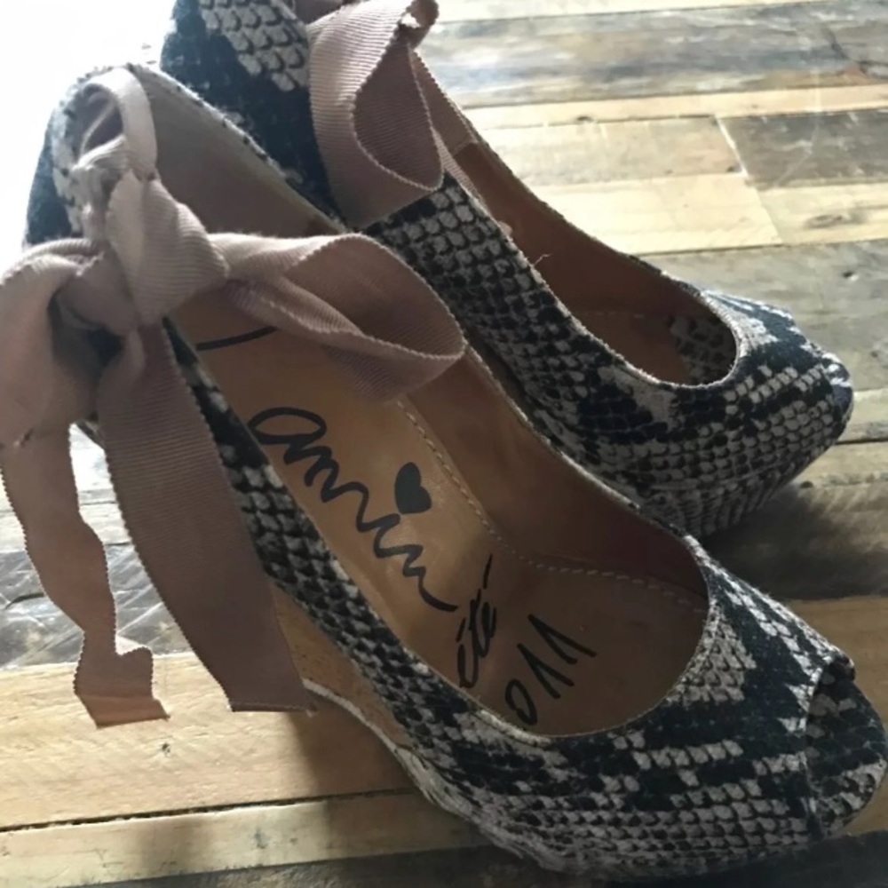 Lanvin Snakeskin Print Escarpin Peeptoe Cork Wedge