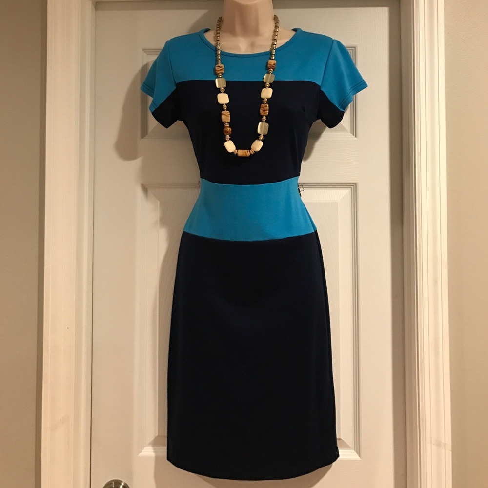 Navy & Blue Jersey Knit Fitted Dress Sz. M