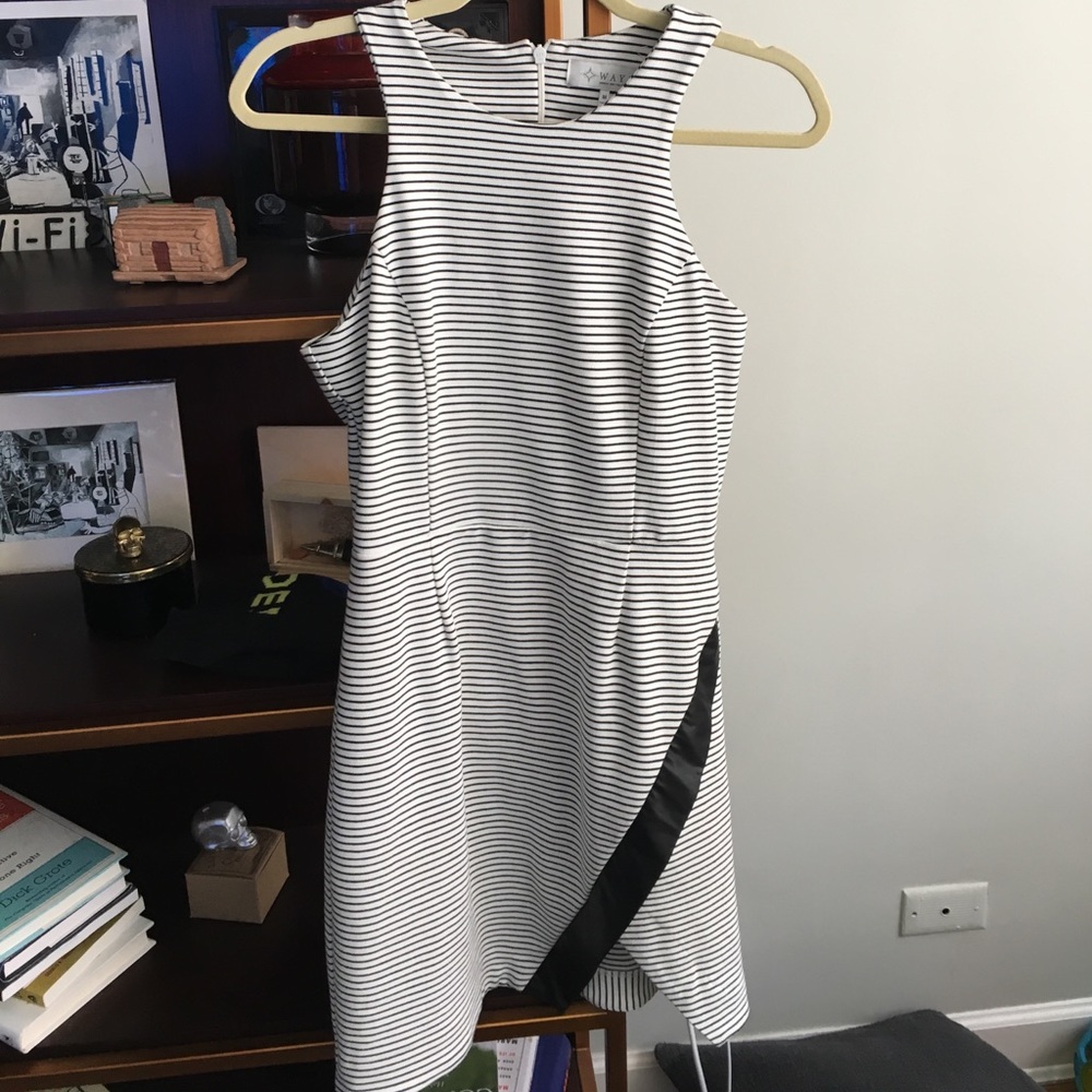 Wayf white w/black stripes & leather accent dress