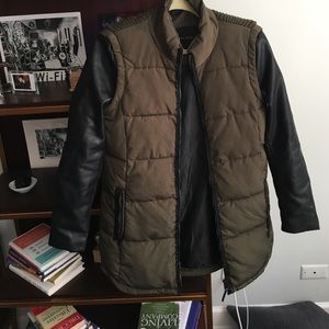 Army green puffy coat with black leather sleeves