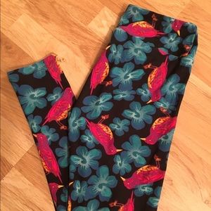 Lularoe Blue Flowers Pink Purple Birds OS Leggings