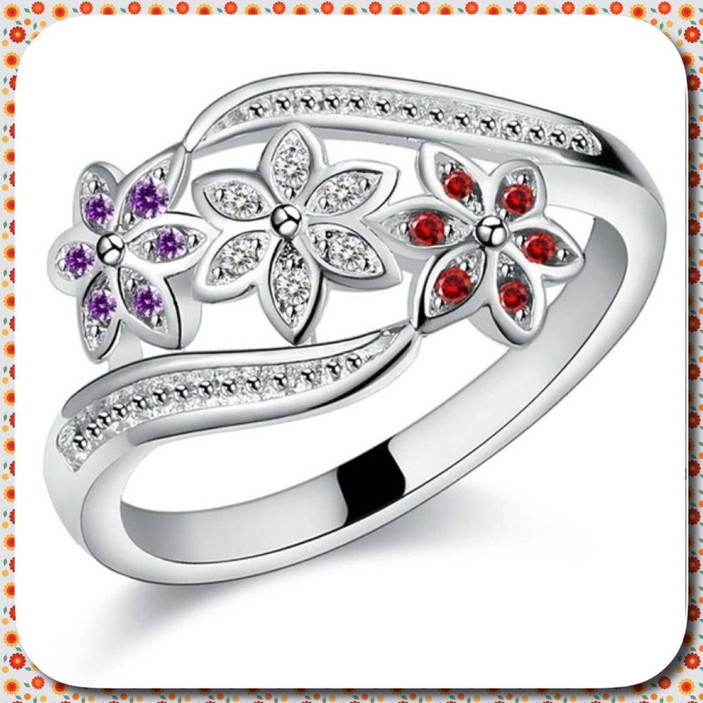 💍DELICATE SWAROVSKI CRYSTALS COLOR FLOWERS 🌺 IN STERLING RING. Sz 8. NWT