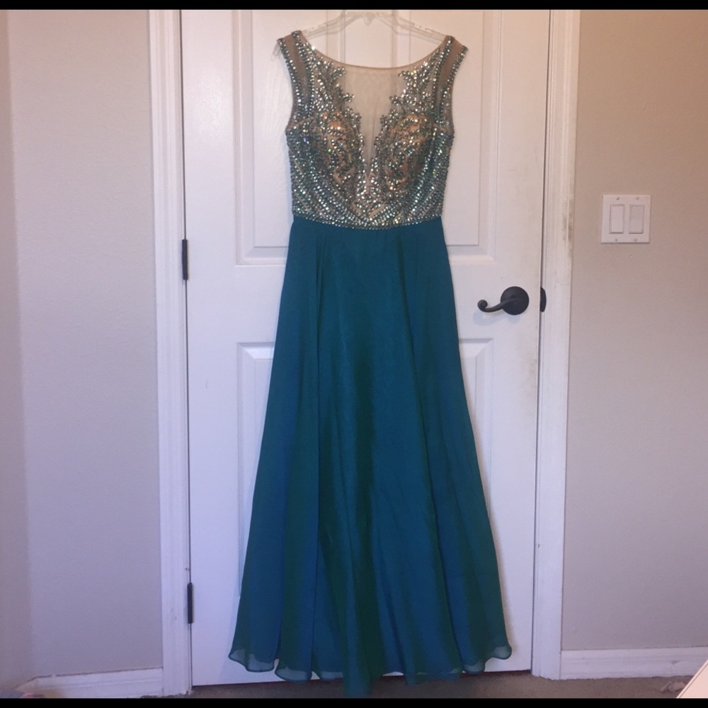 Iridescent blue/green rhinestoned prom dress