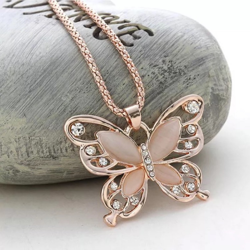 Rose Gold Opal Butterfly Necklace