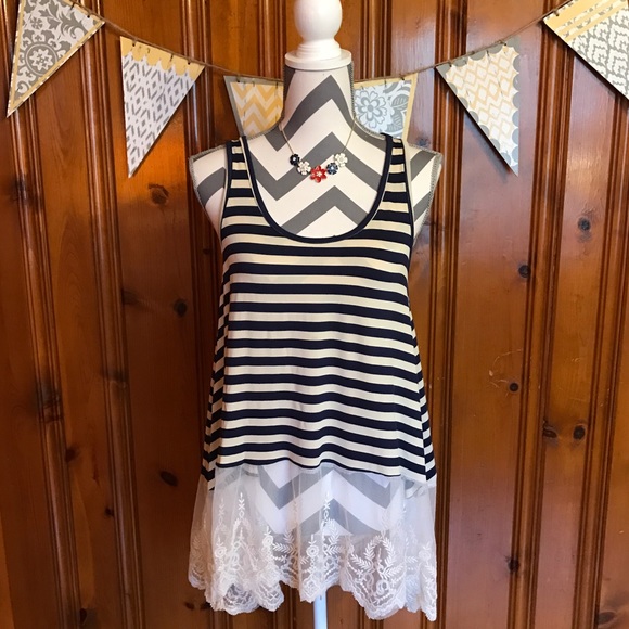 Navy Stripe Lace Trim Tank - Picture 2 of 4