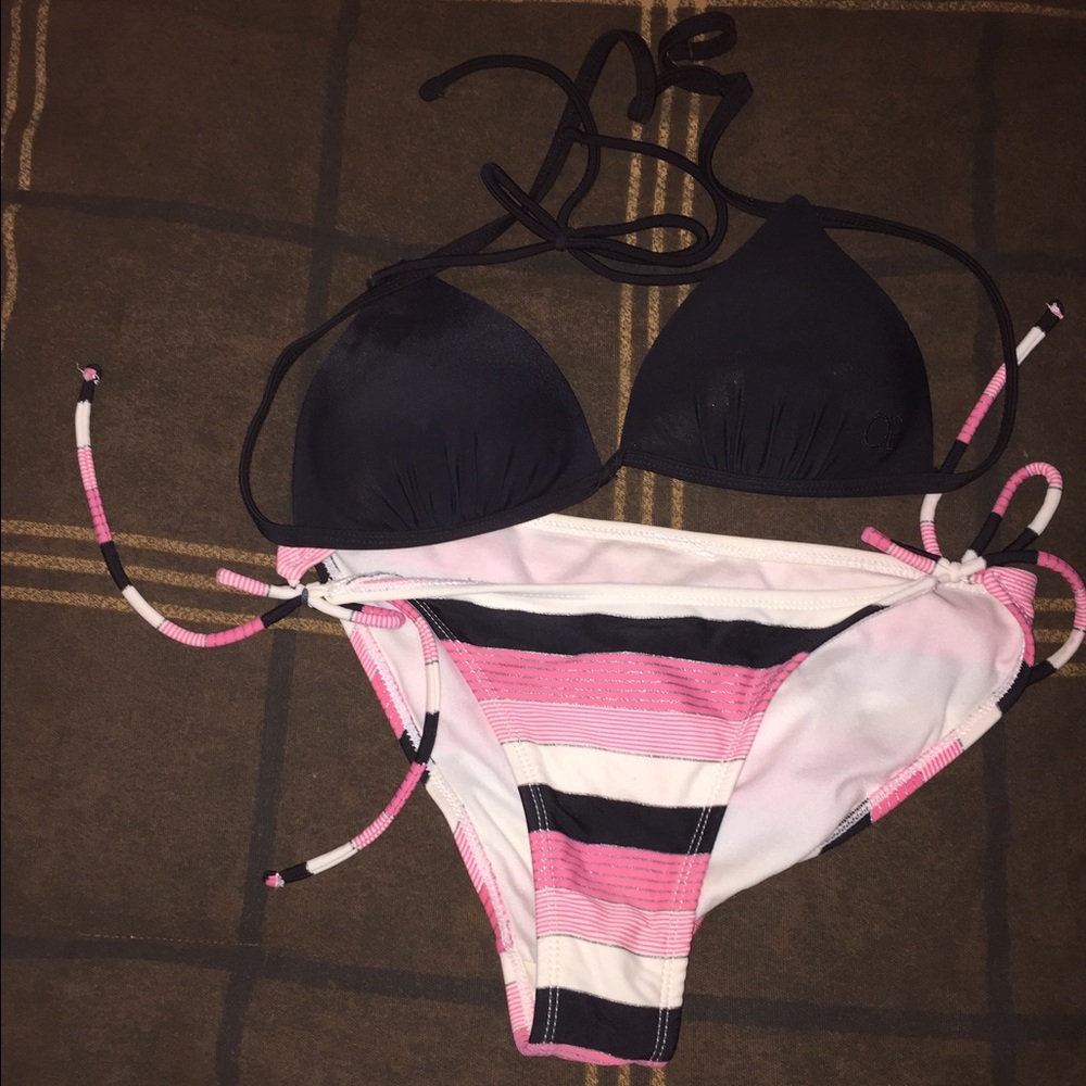 Black and pink striped bathing suit