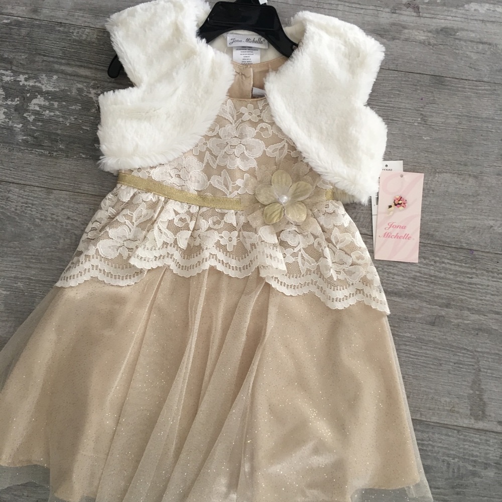 Cream & gold tulle dress with faux fur vest