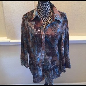 Brown and aqua crinkle patterned blouse