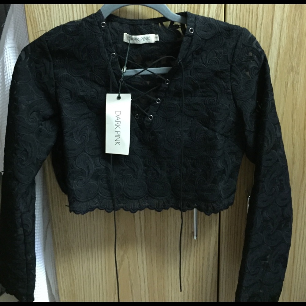 Black Tobi lace up top by dark pink