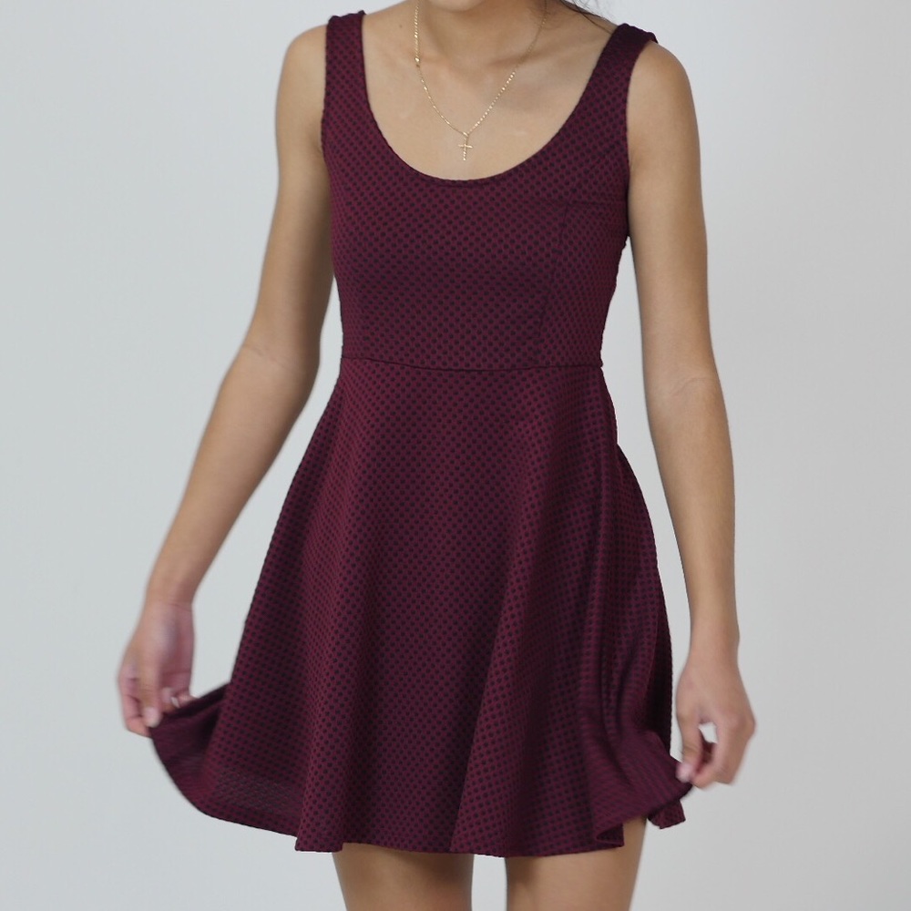 Simple burgundy & black polka dot skater dress