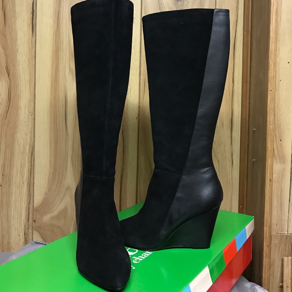 Black Knee High Wedge suede/leather Boots