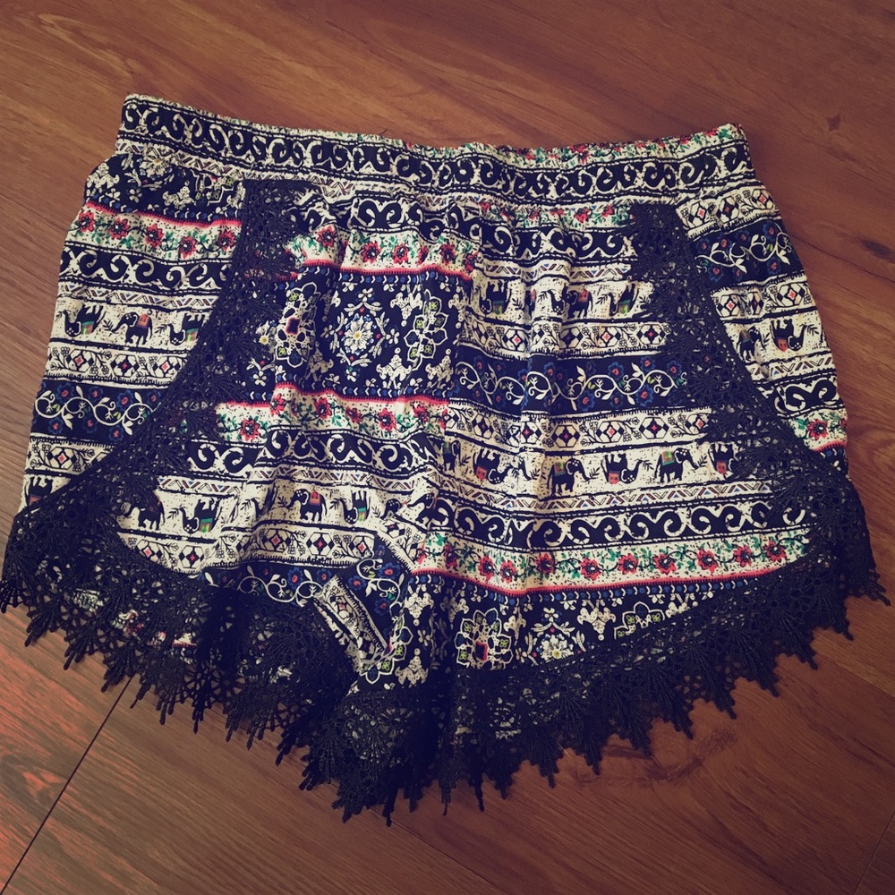 Print Shorts With Crochet Detail