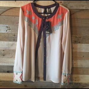 BKE Boutique chiffon button down sheer shirt L