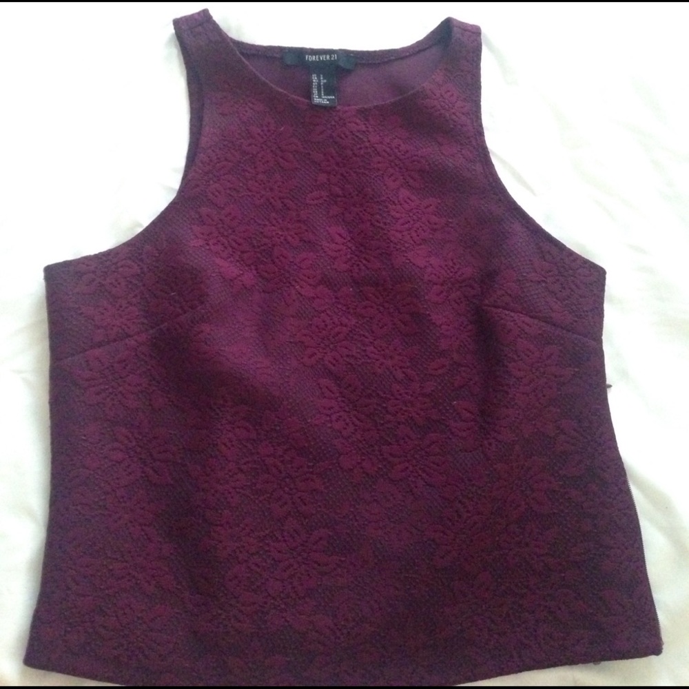 Burgundy sleeveless top with lace detailing