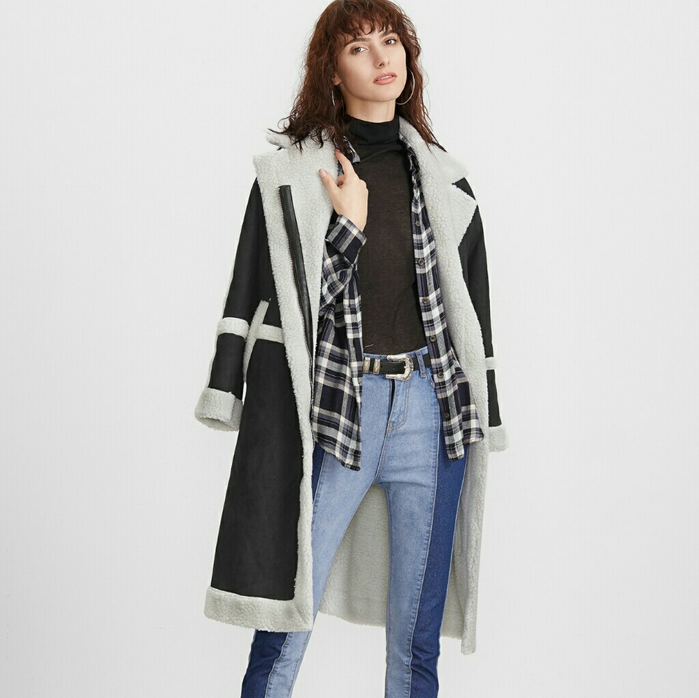 Black long faux shearling coat