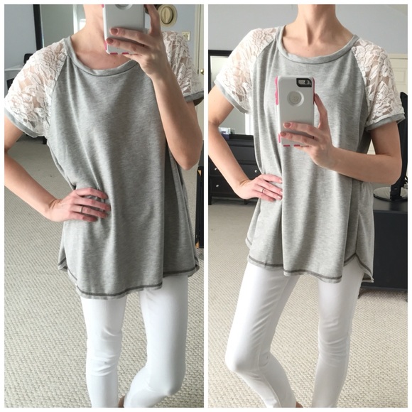 LAST ITEM▫Grey Lace Short Sleeve Baseball Tee - Picture 2 of 5