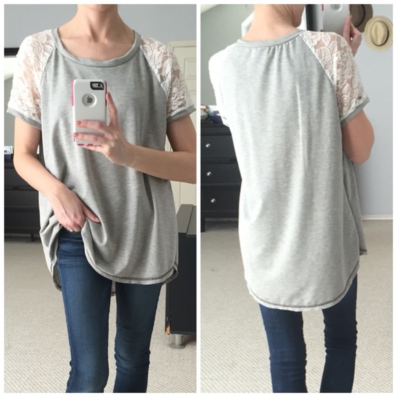 LAST ITEM▫Grey Lace Short Sleeve Baseball Tee - Picture 3 of 5
