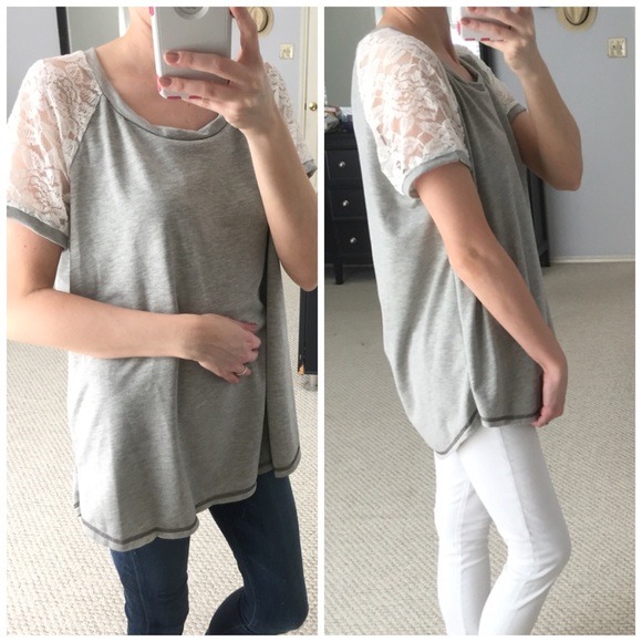 LAST ITEM▫Grey Lace Short Sleeve Baseball Tee - Picture 4 of 5