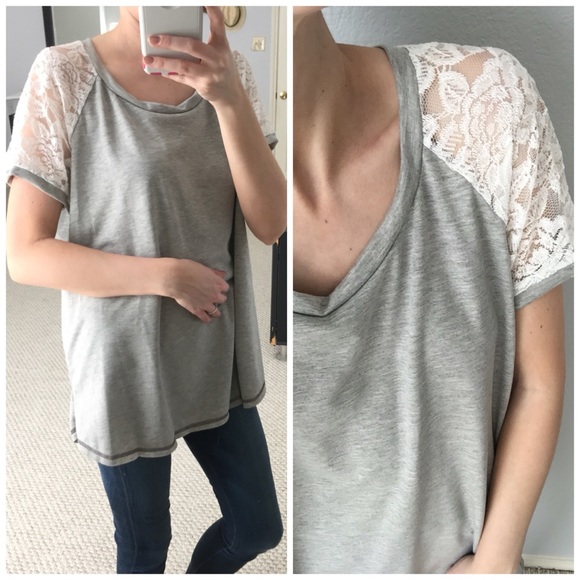 LAST ITEM▫Grey Lace Short Sleeve Baseball Tee - Picture 5 of 5