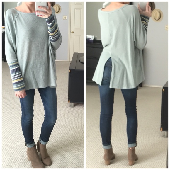 LAST ITEM▫Sage Waffle Knit Dolman w/ Striped Cuffs - Picture 2 of 5